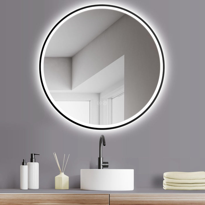 HOKO Design ANTIBESCHLAG Badspiegel rund 80 cm mit Metall Rahmen Matt Schwarz. Runder Bad Wandspiege