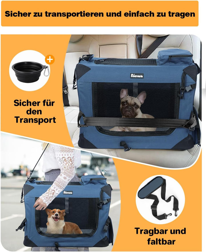 Reerooh Hundebox M 60x42x42cm, Faltbar Hundetransportbox Inkl.Hundenapf, Tragbare Hundetasche für Re