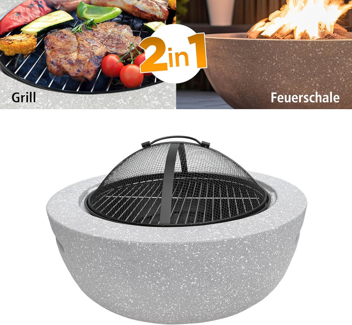 Feuerschale mit Funkenschutz für den Garten, rund, Ø 60 cm, Granitoptik, inkl. Schürhaken, mit Grill