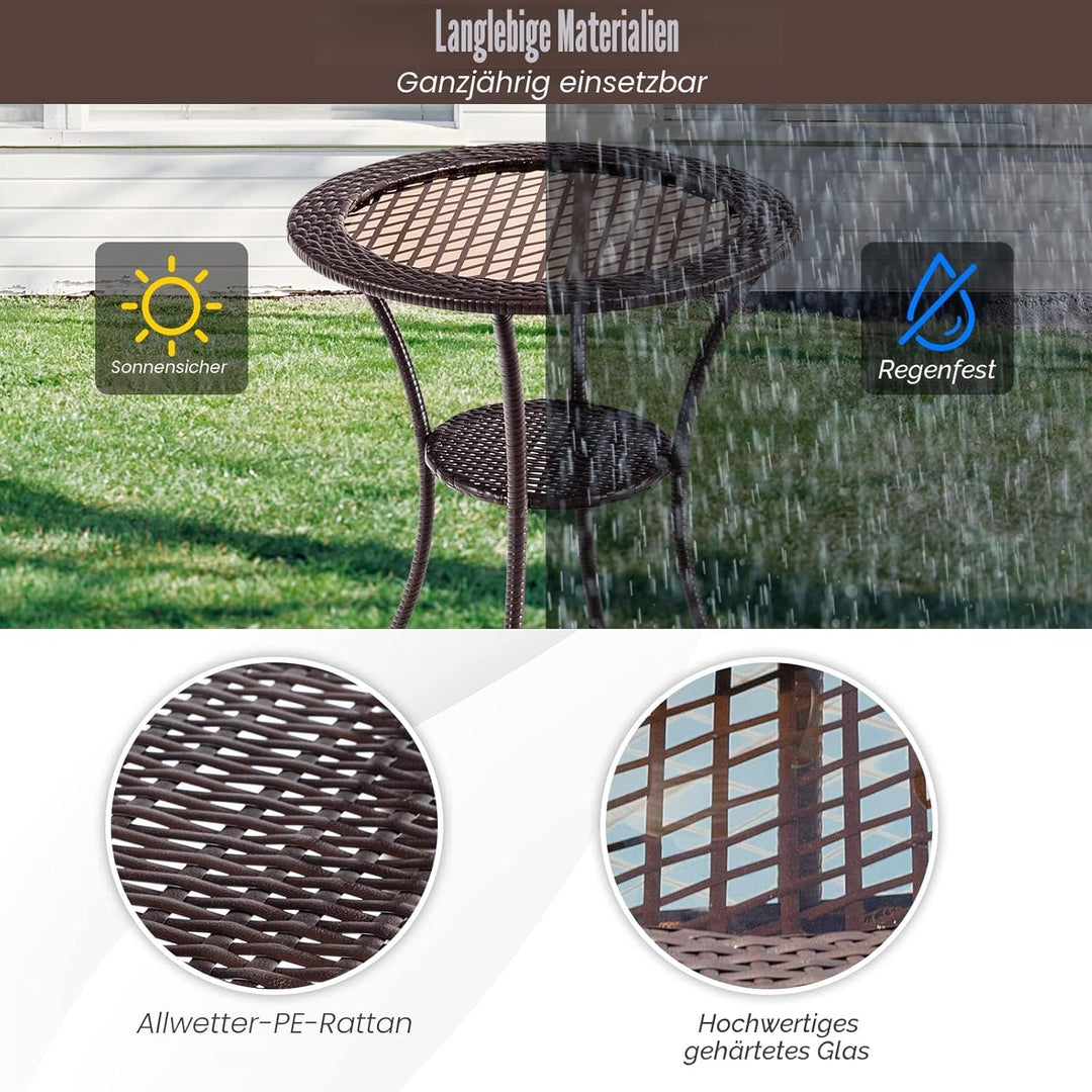 GIANTEX Rattan Bistrotisch Gartentisch, Balkontisch rund Couchtisch 2 Ebenen, Glastisch Terrassentis