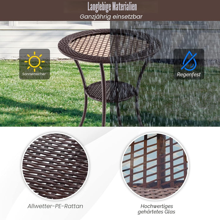 GIANTEX Rattan Bistrotisch Gartentisch, Balkontisch rund Couchtisch 2 Ebenen, Glastisch Terrassentis