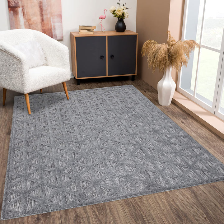 payé Teppich Wohnzimmer - Anthrazit - 140x200cm - Raute Optik - Teppiche für Balkon Terrasse Garten