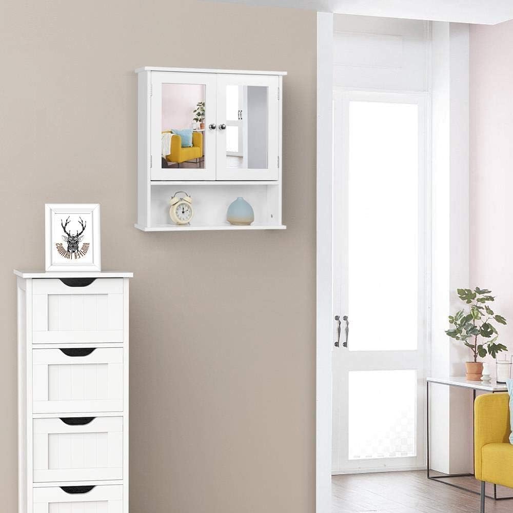 Yaheetech Spiegelschrank, Badschrank, Hängeschrank mit Spiegeltür, Badezimmerspiegel mit Ablagen, 56