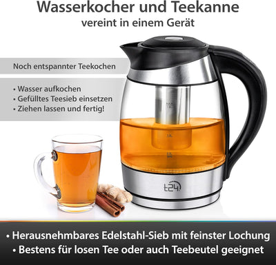 T24 Glas Wasserkocher 1,8 L Temperaturwahl 60-100°C mit Teesieb 2200 Watt, Borosilikatglas Teekocher