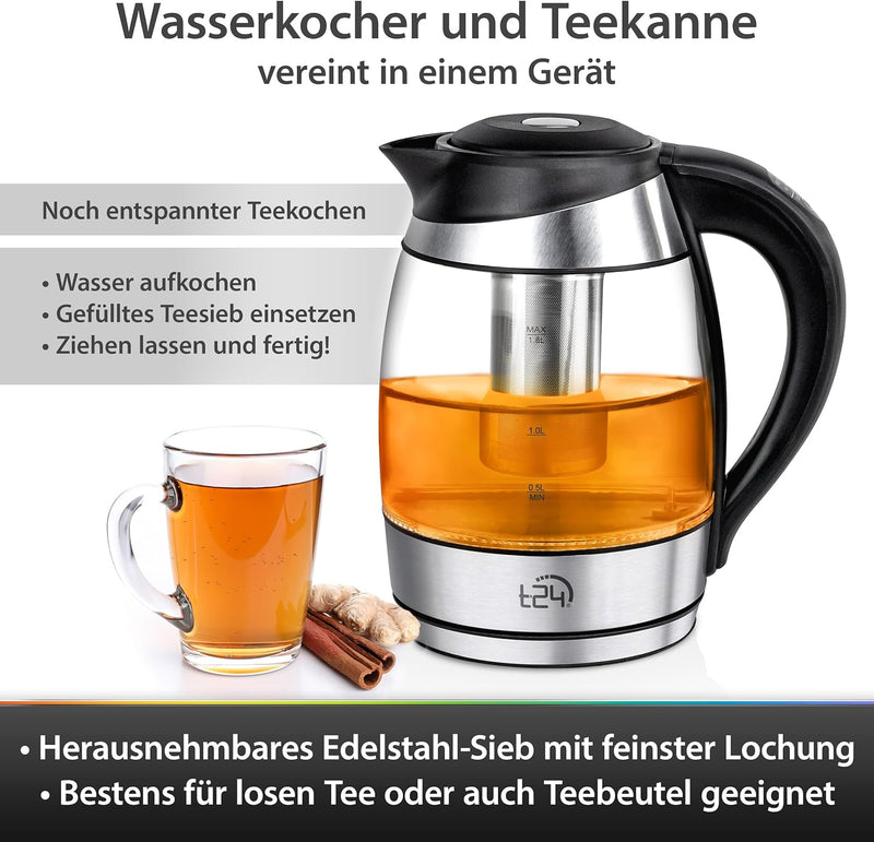 T24 Glas Wasserkocher 1,8 L Temperaturwahl 60-100°C mit Teesieb 2200 Watt, Borosilikatglas Teekocher