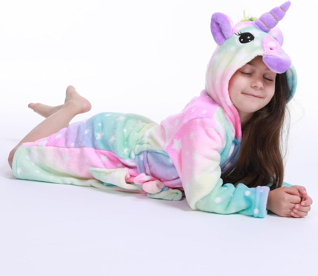 Bademantel für Mädchen, Weicher Flanell Schlafanzug mit Kapuze, Warme Kinder Hausbekleidung für 3-11
