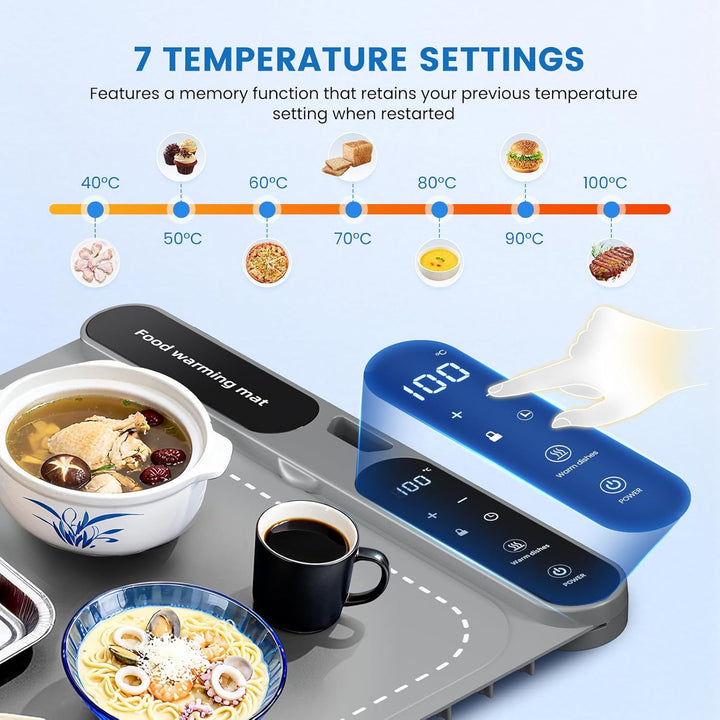 Heizkissen für Speisenwärmermatte, 10s schnelles Aufheizen, 7-Stunden-Timer, Elektrisches Silikon-Wä