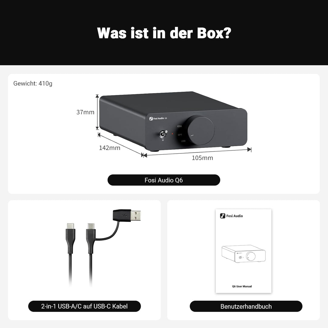 Fosi Audio Q6 Mini-Desktop-DAC, USB C Digital-Analog-Audio-Wandler für Heim-Stereo-Verstärker und Ko