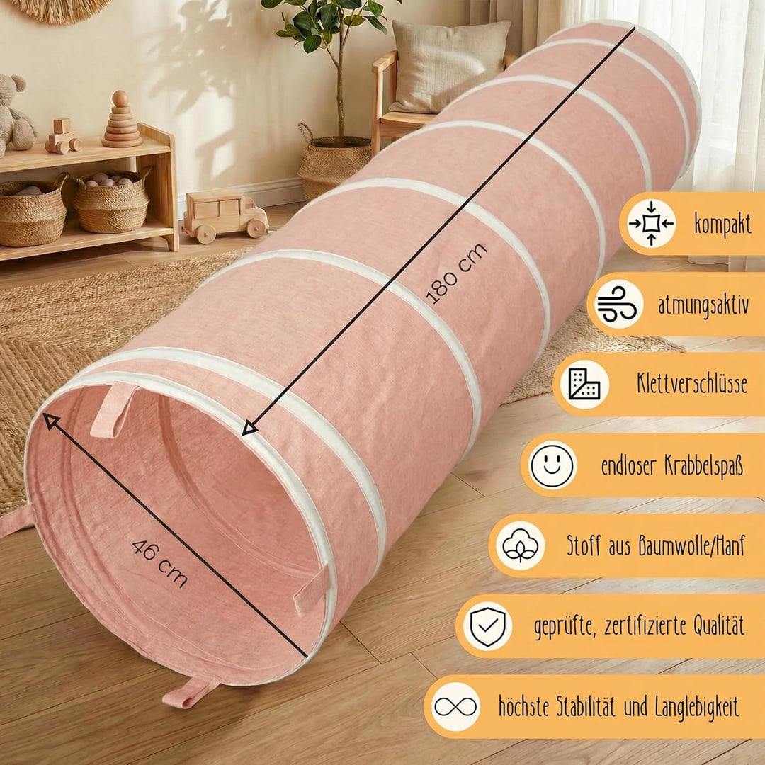 Spieltunnel für Kinder aus Baumwolle/Hanf mit Klettverschlüssen [180cm x 46cm] Krabbeltunnel für Bab