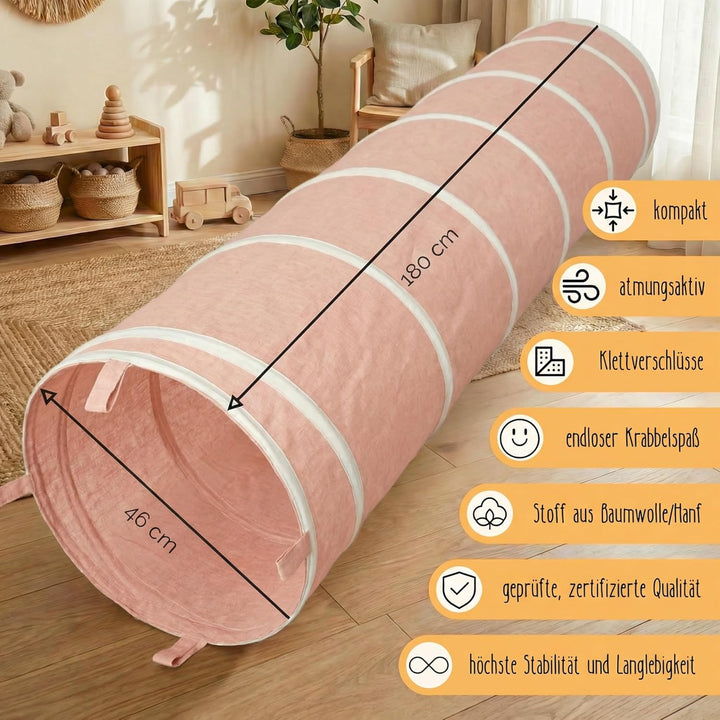 Spieltunnel für Kinder aus Baumwolle/Hanf mit Klettverschlüssen [180cm x 46cm] Krabbeltunnel für Bab
