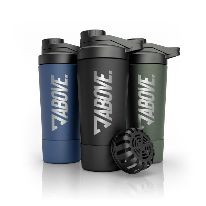 ABOVE. Protein Shaker Edelstahl 750ml, doppelwandig isoliert, Schwarz | Eiweissshaker hält 12h kalt/