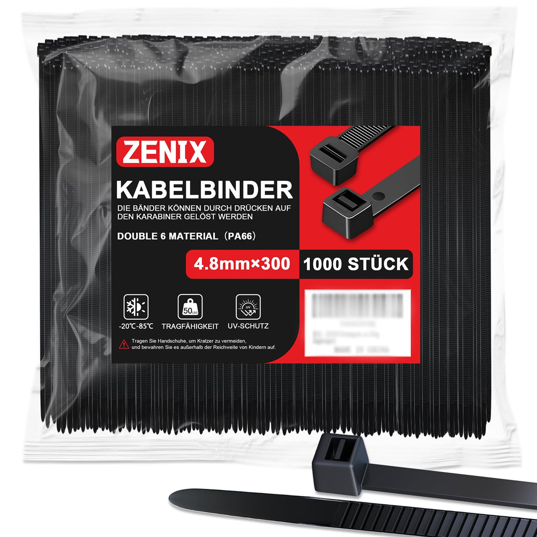 ZENIX Kabelbinder Schwarz 4.8mm x 300mm, 1000 Stück Kabelbinder UV Beständig lang, Schwarze Binder m