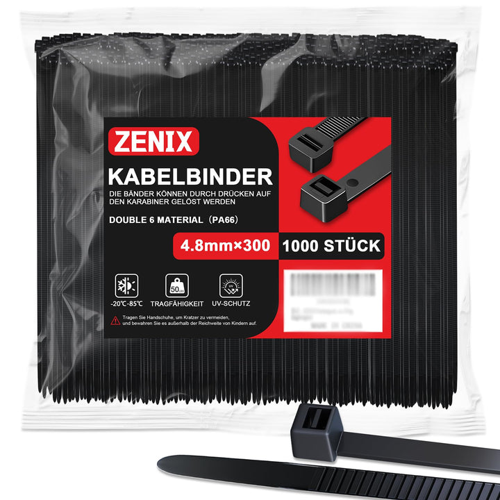 ZENIX Kabelbinder Schwarz 4.8mm x 300mm, 1000 Stück Kabelbinder UV Beständig lang, Schwarze Binder m