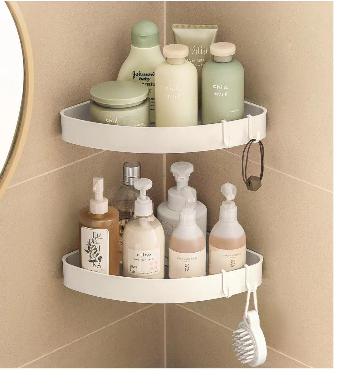 Duschablage Ohne Bohren Ecke, Duschregal Ecke Weiss mit 4 Haken, Badezimmer Regal Badregal, Eckregal