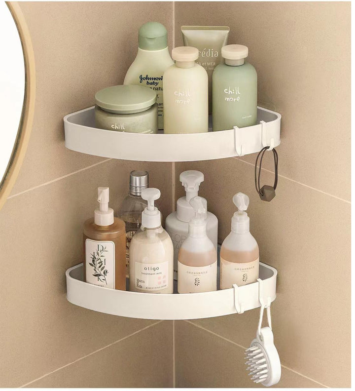 Duschablage Ohne Bohren Ecke, Duschregal Ecke Weiss mit 4 Haken, Badezimmer Regal Badregal, Eckregal