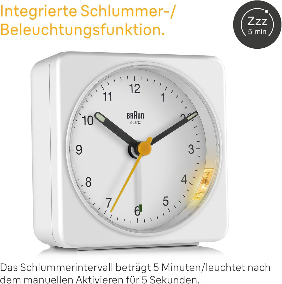 Braun Klassischer analoger Wecker mit Schlummerfunktion und Licht, ruhiges Quarzuhrwerk, Crescendo-A