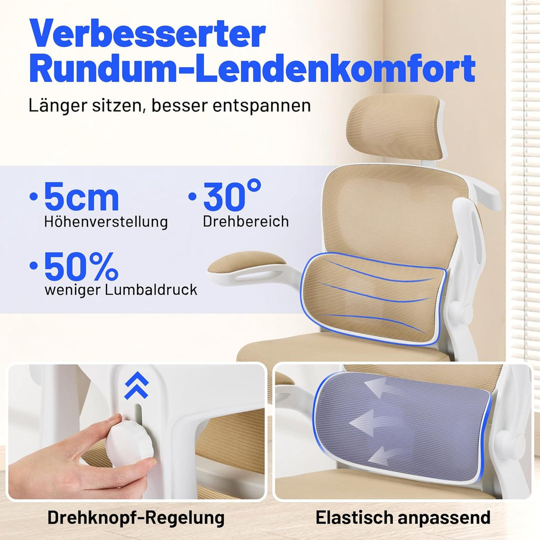 Bürostuhl Ergonomisch mit Kopfstütze, Verstellbarer Lendenwirbelstütze & Netzbespannung, Höhenverste