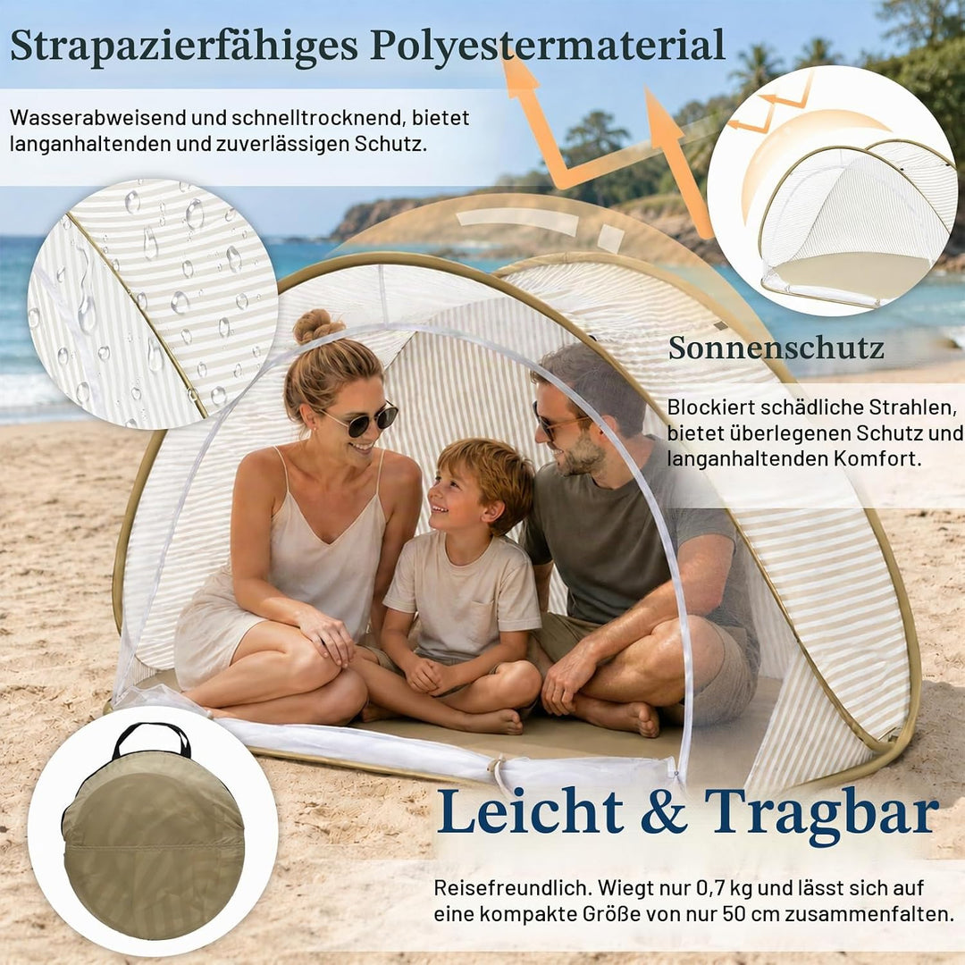 Strandmuschel Pop Up – Grosses, Tragbares Strandzelt für 3-4 Personen, Automatischer Aufbau, Sonnens