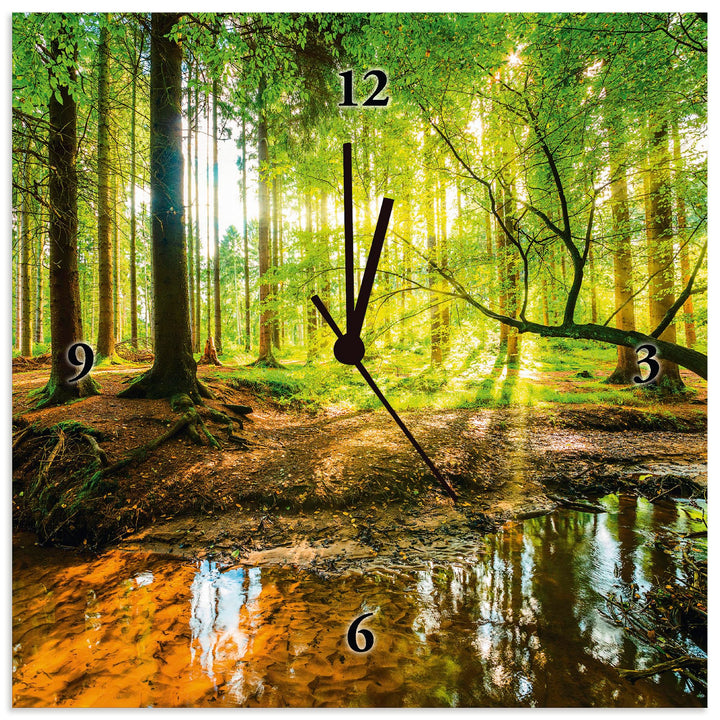ARTLAND Wanduhr ohne Tickgeräusche Leinwand Quarzuhr 30x30 cm Quadratisch Lautlos Wald Landschaft Na