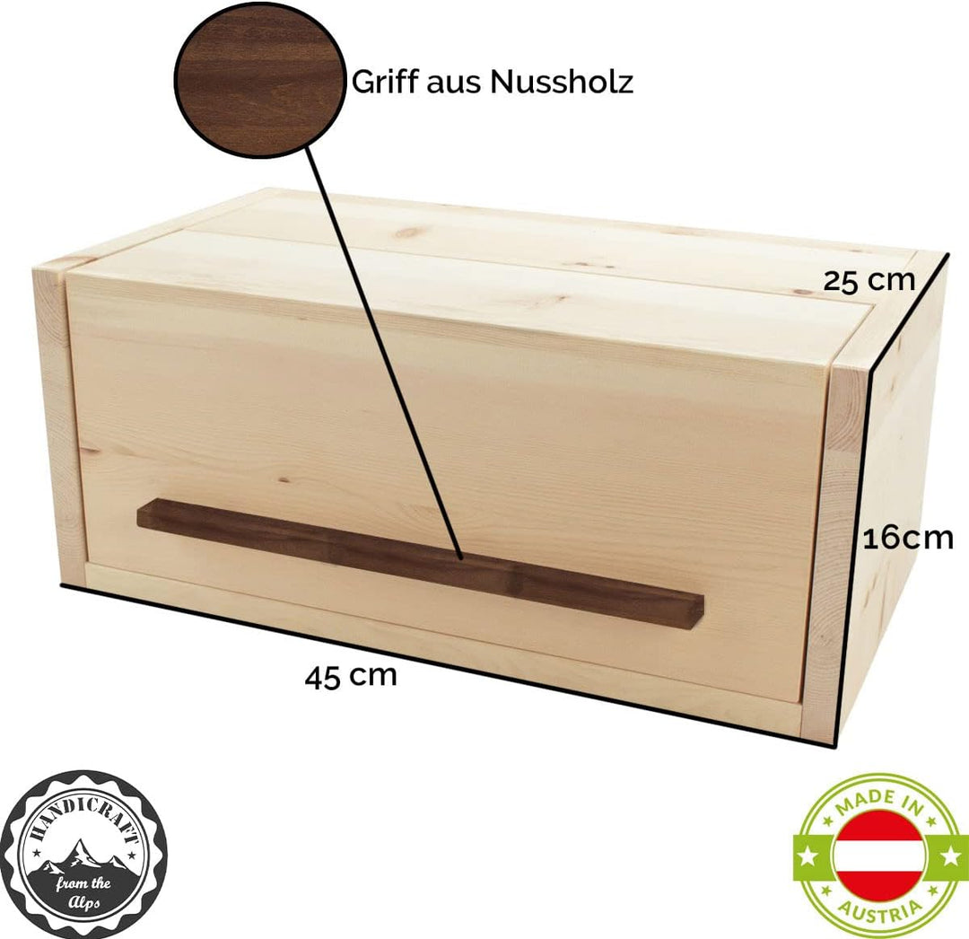 Brotkasten Vollholz mit Nussgriff und Klappdeckel - 45 x 25 x 16 cm - Vollholz