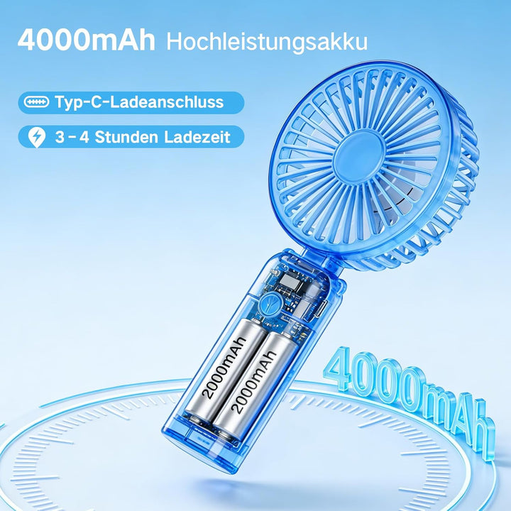 Handventilator, Tragbarer Mini Ventilator mit 4000mAh Akku, 6 Geschwindigkeitsstufen, 90° Faltbar Ha