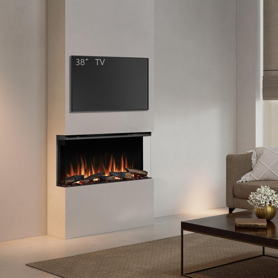 CrownFlame Athena 36" Elektrokamin - Elektrischer Einbaukamin mit Heizung - realistischer 3D-Flammen