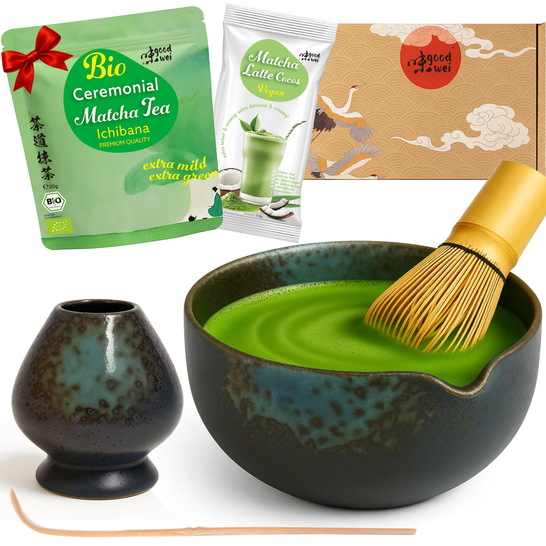 Goodwei Matcha-Set komplett mit hochwertiger Matcha Schale aus Keramik mit Ausgiesser, Matcha Besen