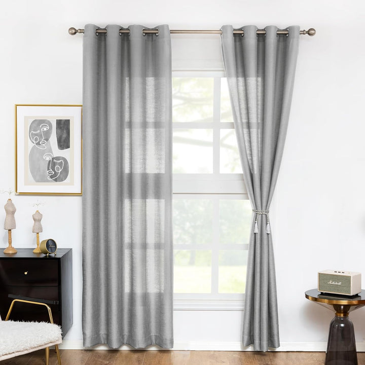Melodieux Gardinen Grau Transparent Leinen Optik Vorhänge Kurz mit Ösen für Wohnzimmer Schlafzimmer,