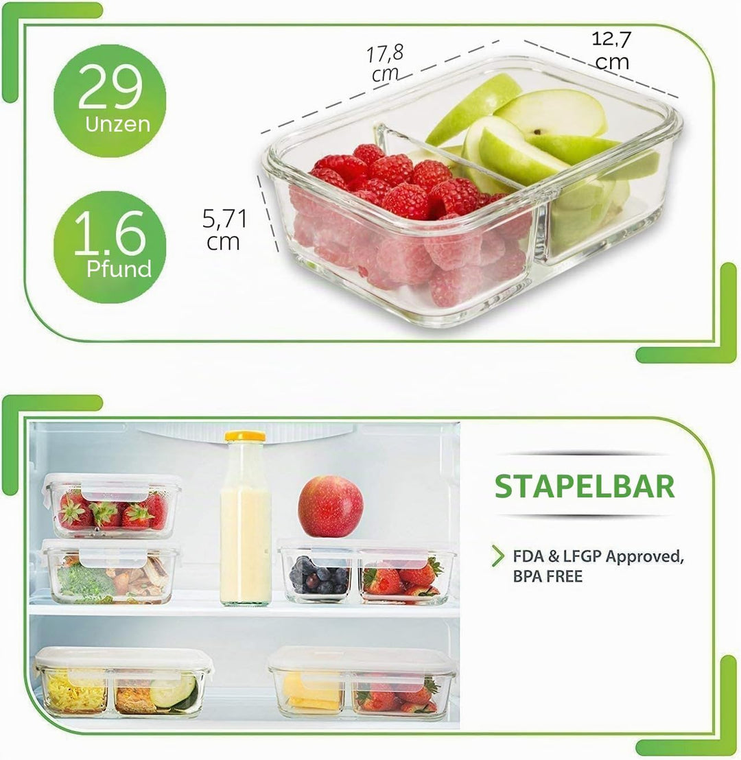 [5er Pack] Frischhaltedosen Glas mit Deckel - Meal Prep Boxen Glas - Glasbehälter Set - Spülmaschine