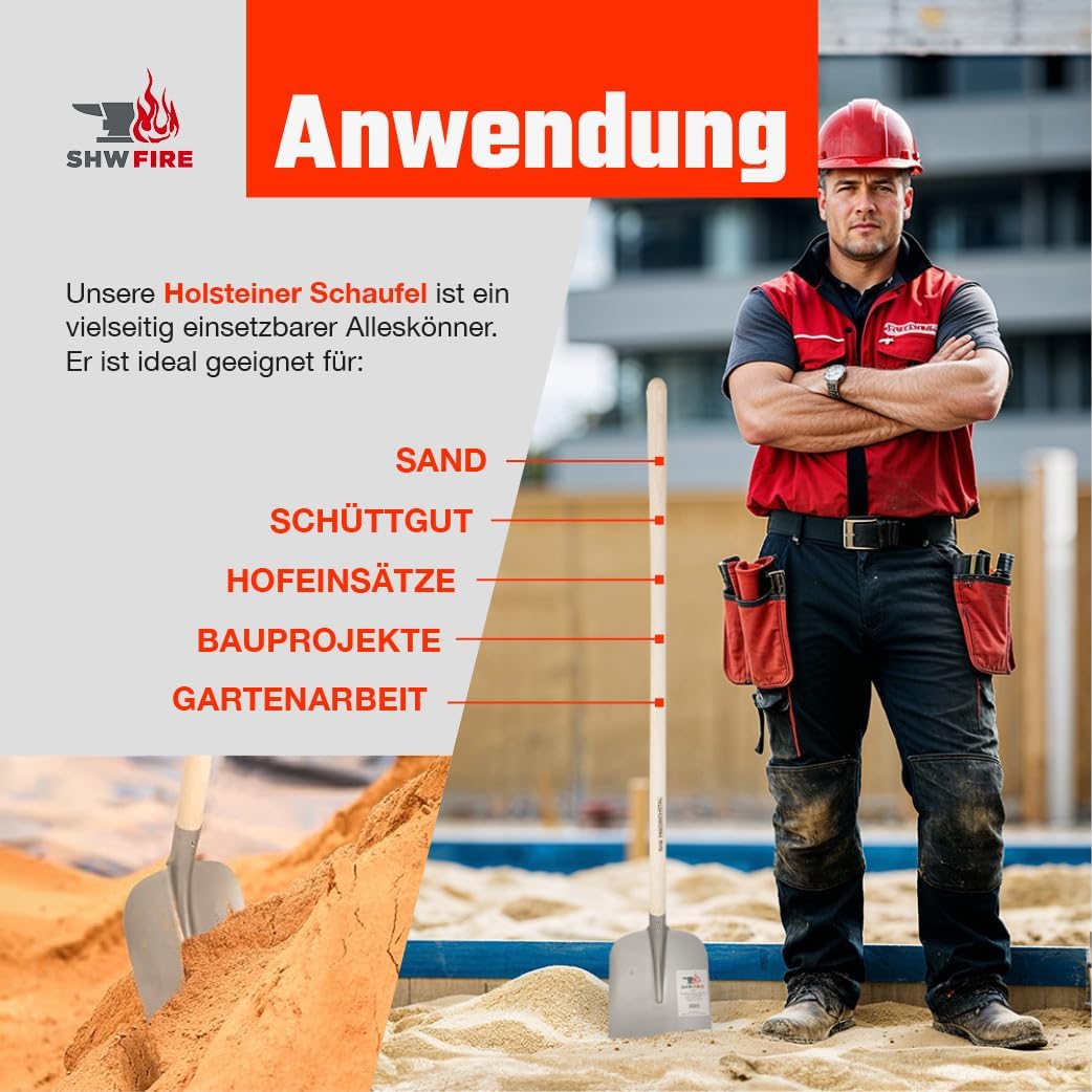 SHW FIRE | Holsteiner Schaufel - gehärteter Spezialstahl, gebogenes Schaufelblatt, 130 cm Eschenholz