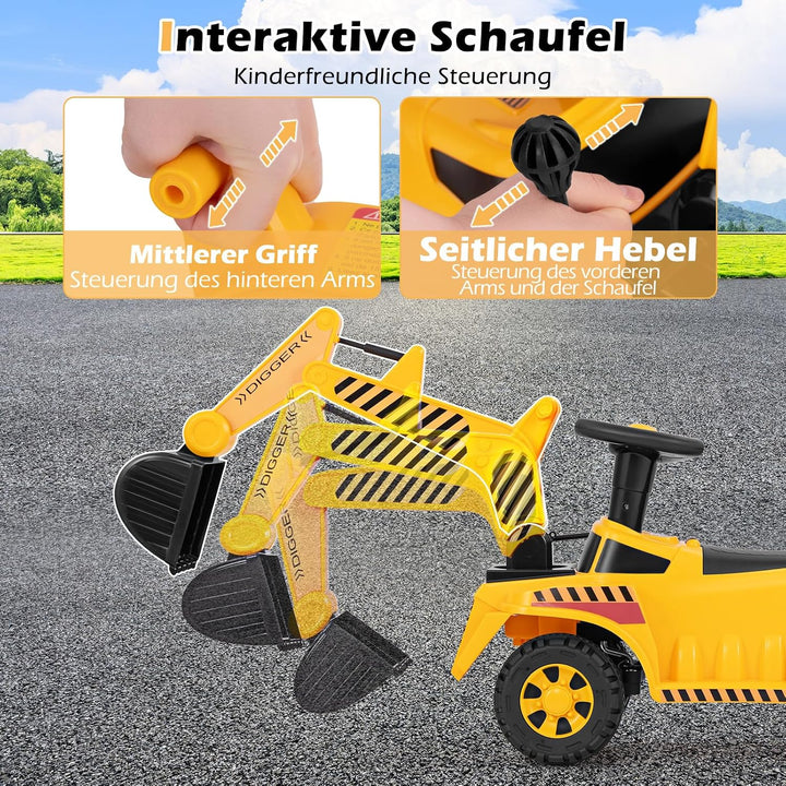DREAMADE Kinder Sitzbagger, Bagger zum draufsitzenmit Verstellbarer Schaufel &amp; Hupe &amp; Kippschutz, Au