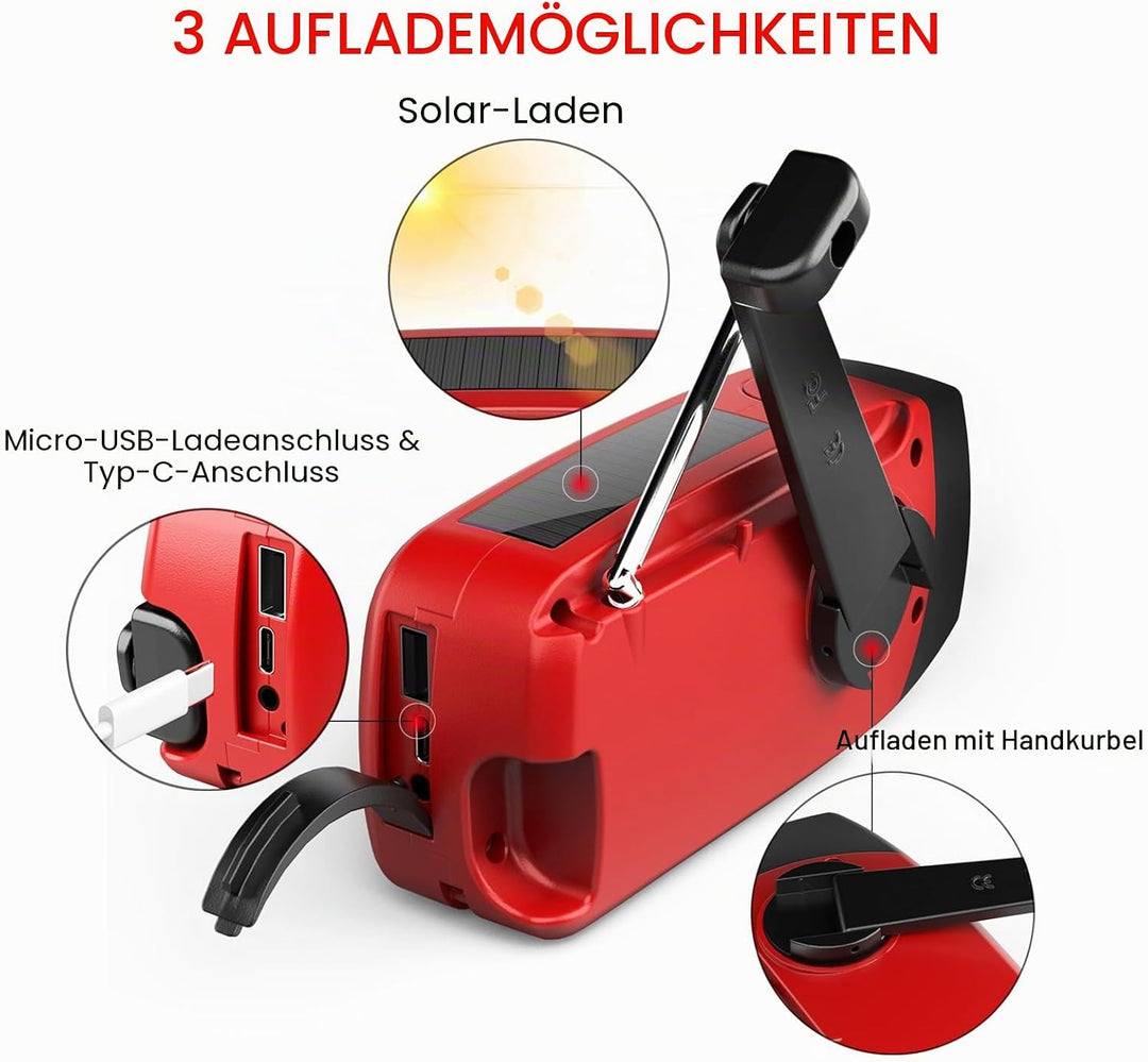 Notfallradio Kurbelradio Solarradio – Selbstbetriebenes Notfall Radio mit AM/FM-Wetterempfang, LED T