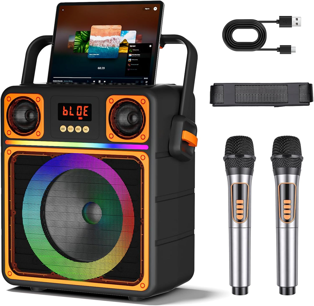 Karaoke Maschine mit 2 Mikrofone, GuKKK Tragbaren Bluetooth Lautsprecher Box und DJ-Lichtern für Erw