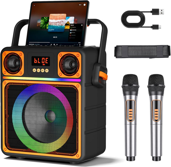 Karaoke Maschine mit 2 Mikrofone, GuKKK Tragbaren Bluetooth Lautsprecher Box und DJ-Lichtern für Erw