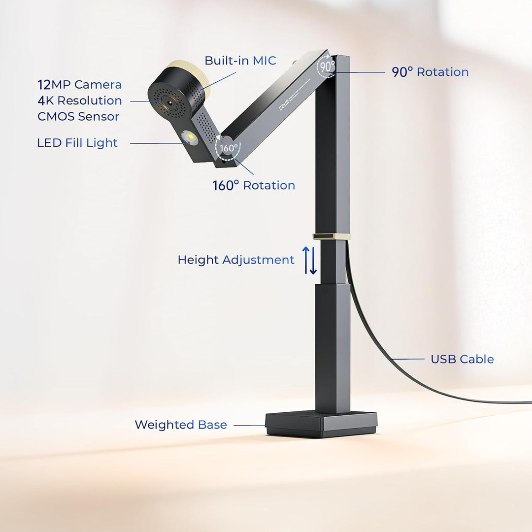 CZUR Fancy S Pro 4K USB-Dokumentenkamera & 12MP Webcam mit LED-Licht und Mikrofon, bis zu 60 fps, Au
