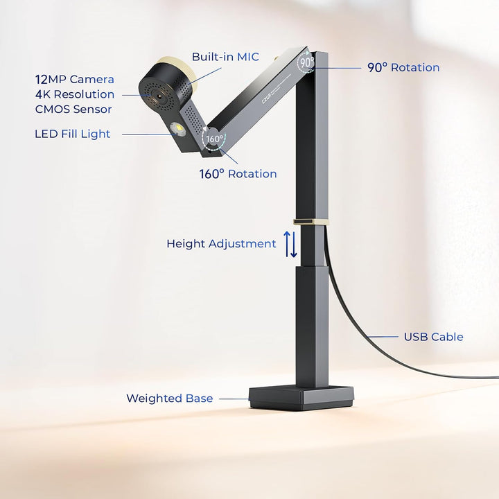 CZUR Fancy S Pro 4K USB-Dokumentenkamera & 12MP Webcam mit LED-Licht und Mikrofon, bis zu 60 fps, Au
