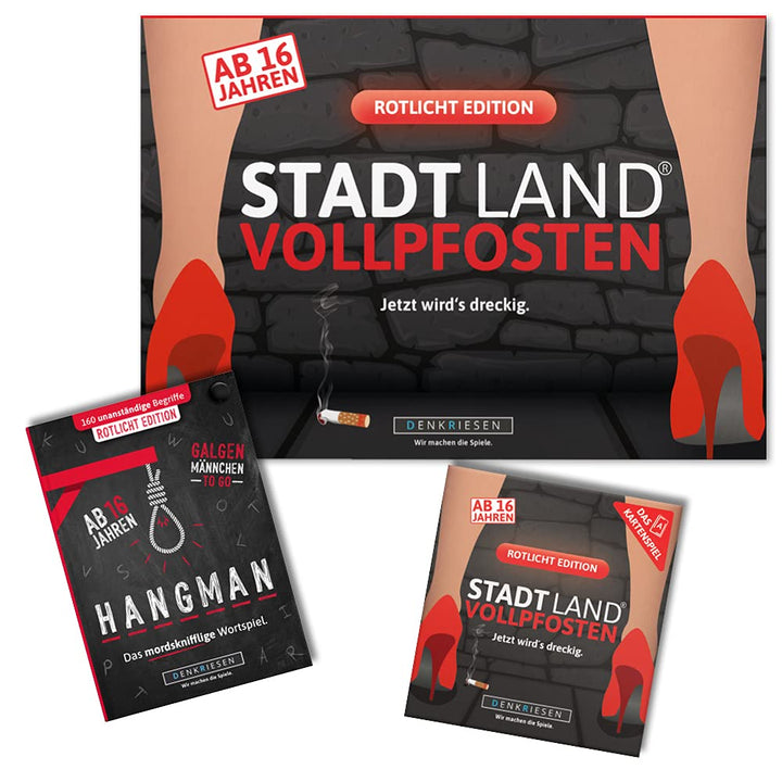 DENKRIESEN - Trio Rotlicht Edition - Stadt Land VOLLPFOSTEN® - Spielblock + Kartenspiel + Hangman Ga