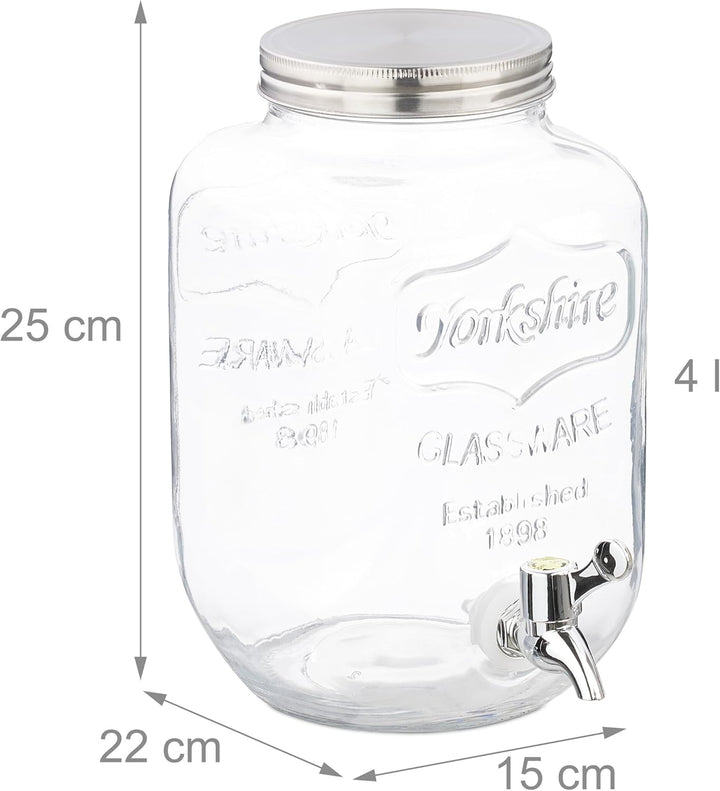 Relaxdays Getränkespender 2er Set, Limobehälter 4L, Zapfhahn und Deckel, Wasserspender, Glas & Kunst