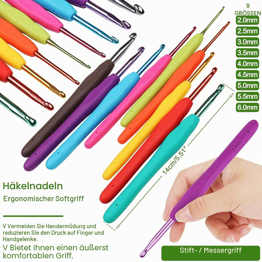 Coopay 58 Stück Häkelset für Anfänger, Inklusive Häkelnadeln mit Weicher Griff, Spitze Häkelnadel, H