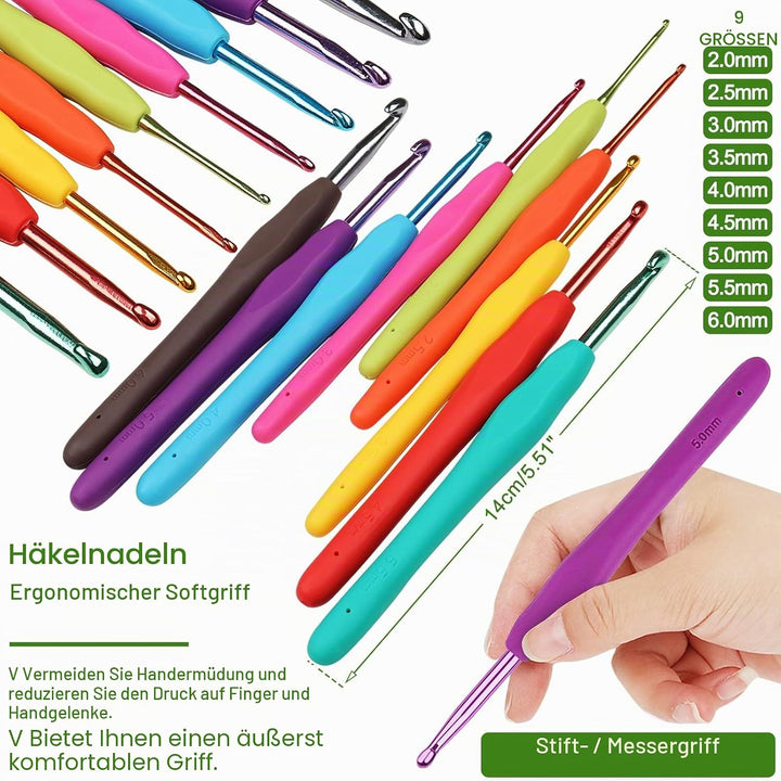 Coopay 58 Stück Häkelset für Anfänger, Inklusive Häkelnadeln mit Weicher Griff, Spitze Häkelnadel, H
