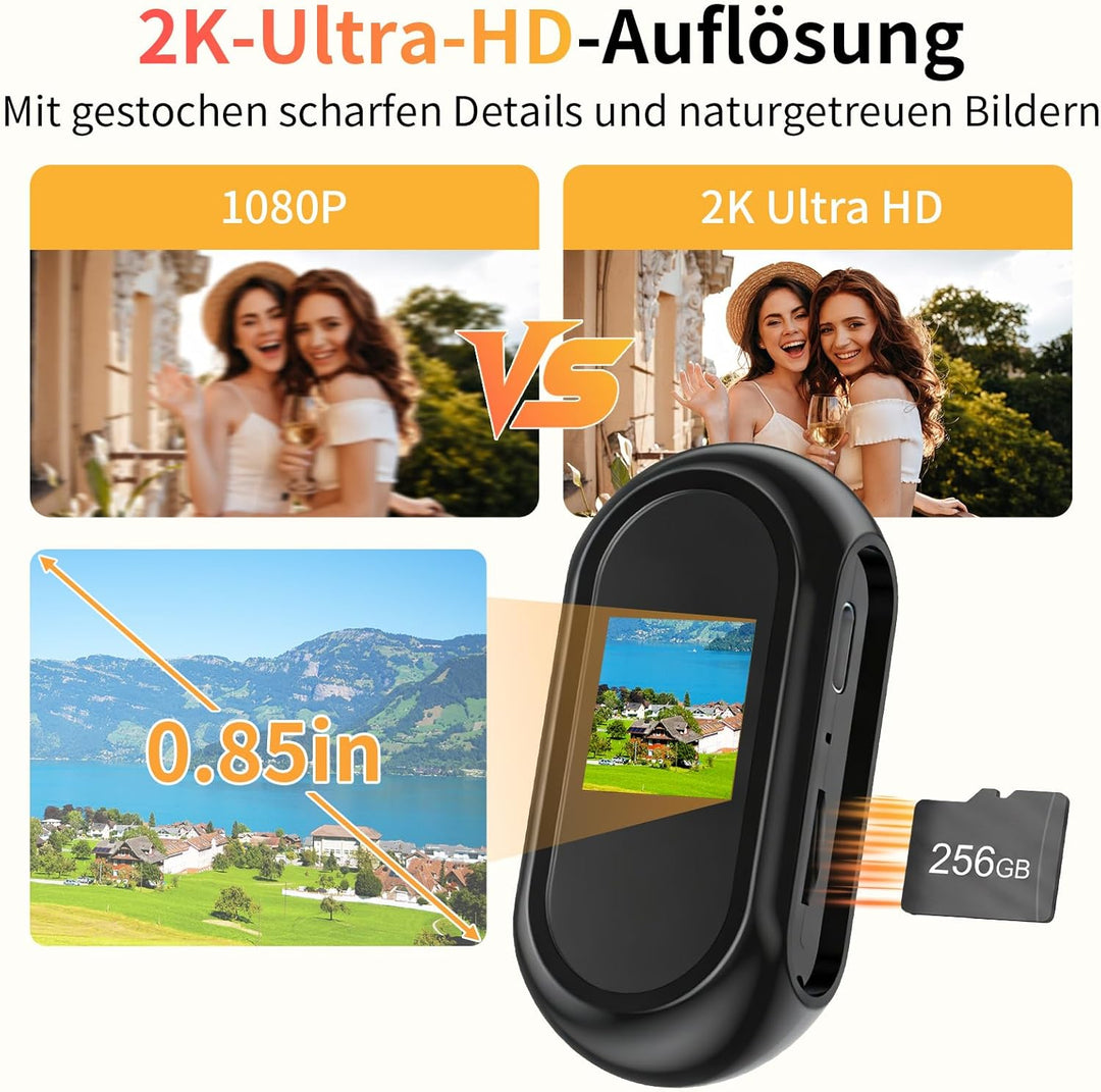 Action Camera 2K, Mini BodyCam Körperkamera 120° Weitwinkel Magnetische mit Display ActionCam für PO