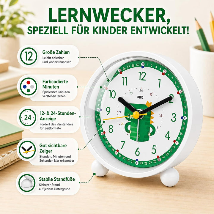 Sunshine Smile Dinosaurier Wecker mit Nachtlicht, Analog ohne Ticken, Lernwecker ohne Ticken, E-grün