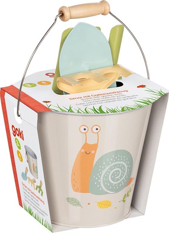 goki 63870 - Kinder Gärtner-Set Schnecke, Eimer mit Spaten, Harke und Grabegabel – Buntes Gartenwerk