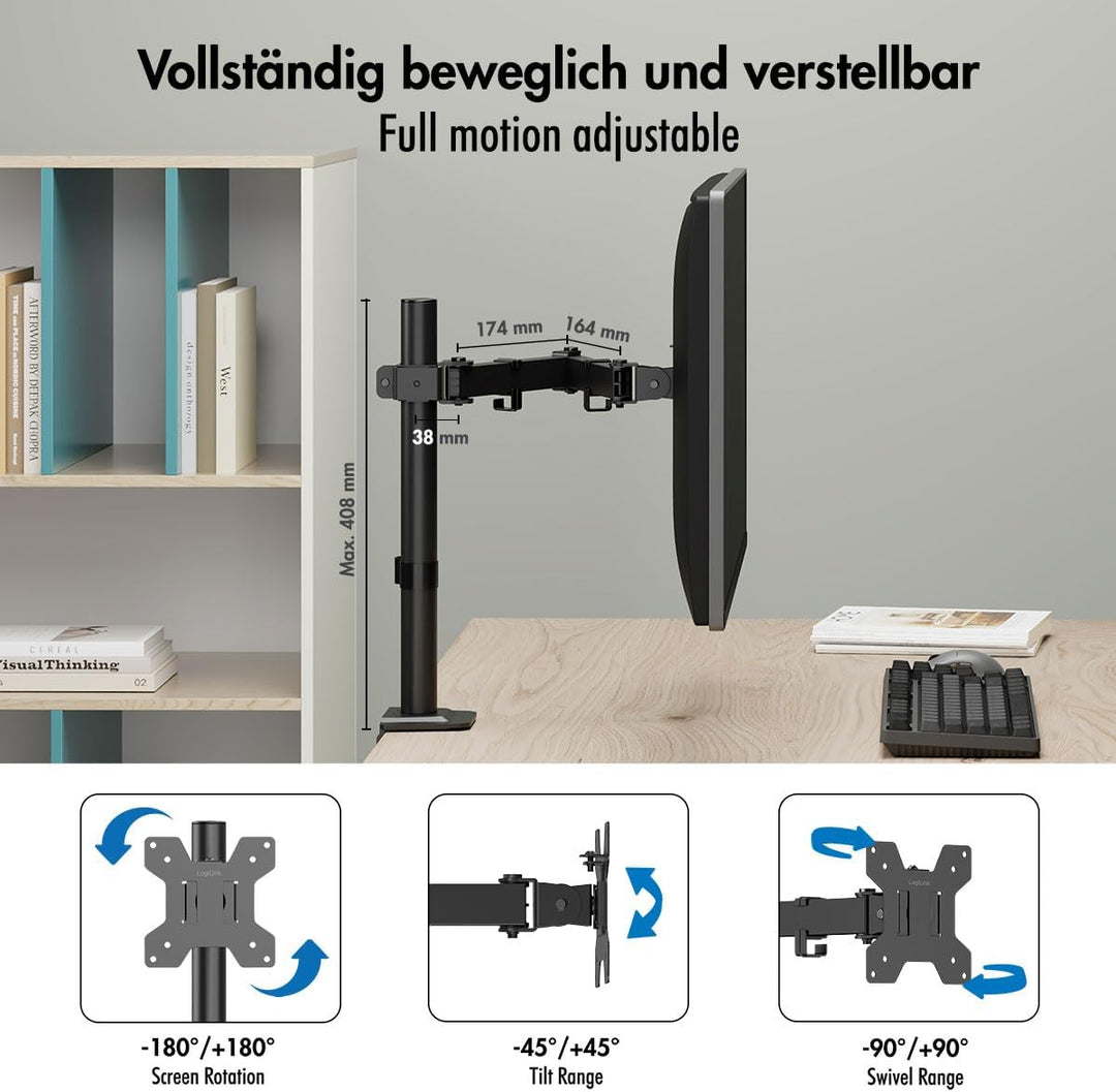 LogiLink Monitor Tischhalterung für 17–32" Bildschirme, 10 kg max., Armlänge 376 mm, VESA 75x75/100x
