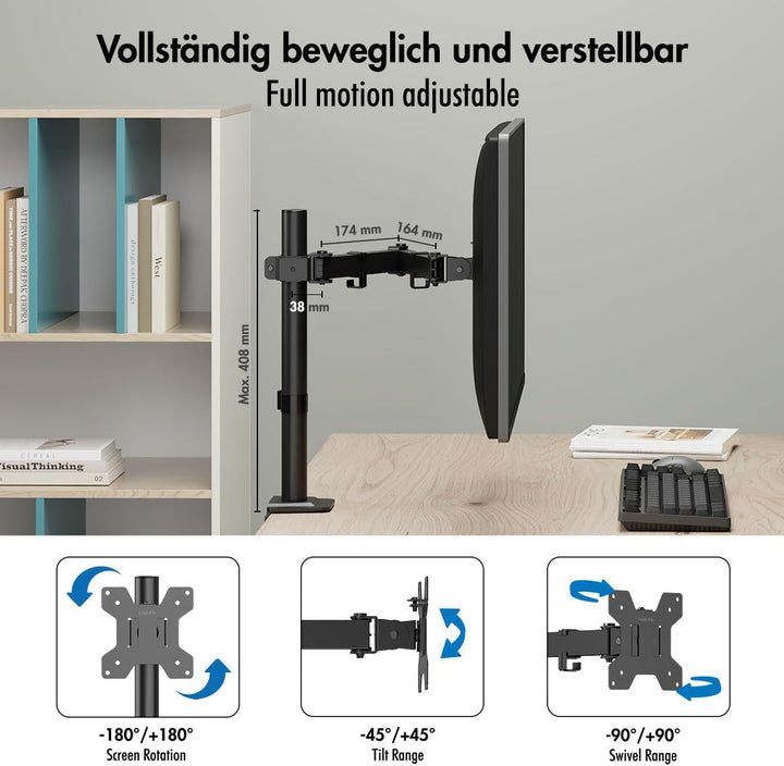 LogiLink Monitor Tischhalterung für 17–32" Bildschirme, 10 kg max., Armlänge 376 mm, VESA 75x75/100x