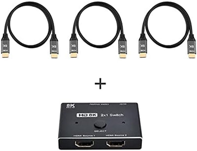 NFHK 8K@60hz HDMI-Compatible 2.1 Switch & 3 Cables 2-IN-1-OUT Hub Support HDCP SST Extended 4K@60hz,