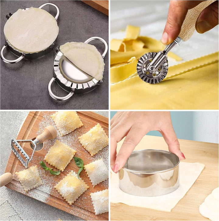 8 Stück Ravioli Former Set, Edelstahl Dumpling, Mit Ravioli Maker Ausstecher und Teigrädchen Teigtas