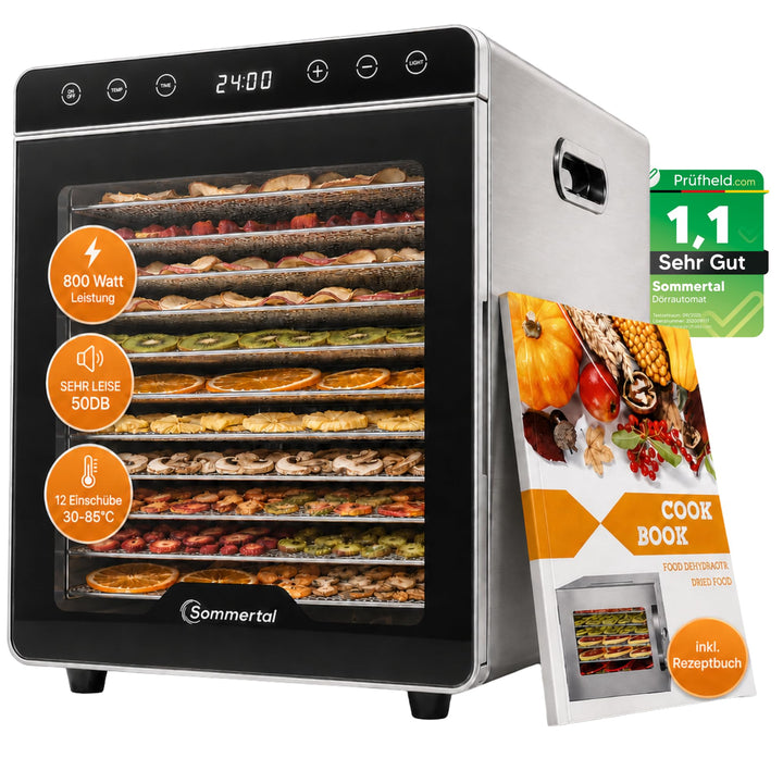 Sommertal Dörrautomat Silence 800 | 12 Edelstahl-Einschübe 800 Watt leise | 24h Timer, 30-85°C, Dehy