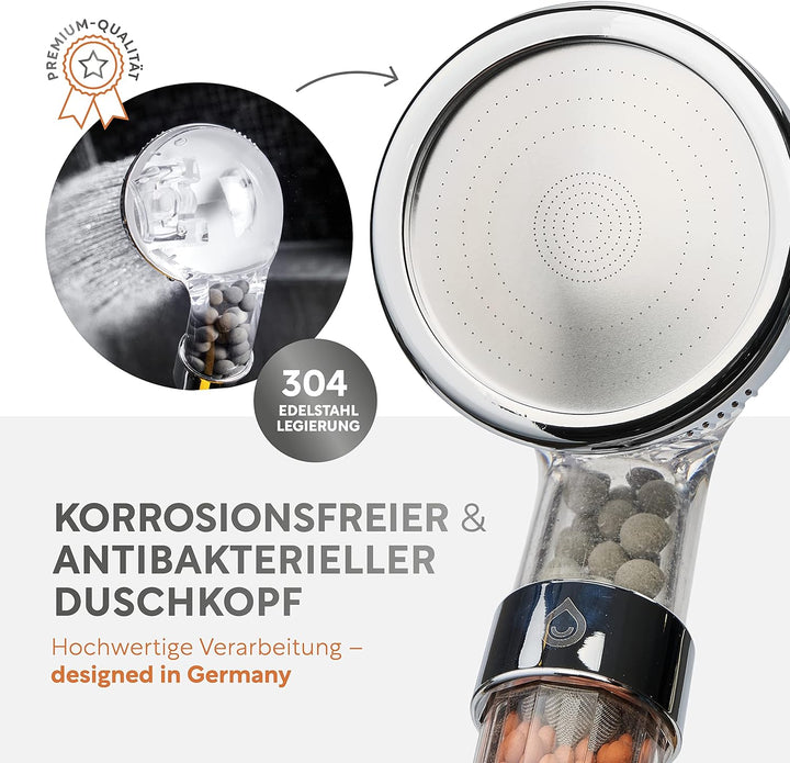 Premium Duschkopf mit Mineralsteinen von happydrop - Die wassersparende Handbrause druckerhöhend mit