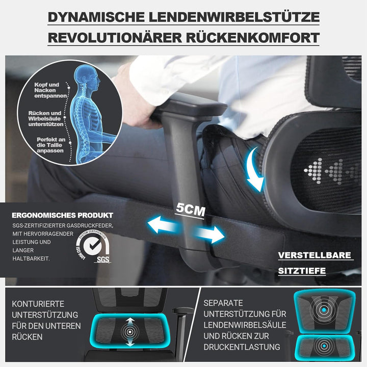 MELOKEA Bürostuhl Ergonomisch, 4D-Armlehnen, Verstellbare Sitztiefe, 3D-Kopfstütze, Gummirollen, Hoh